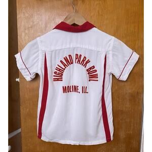 Vintage 60s Kids ChainStitch Flocked Print Bowling Shirt Loop Collar Hilton Sz M